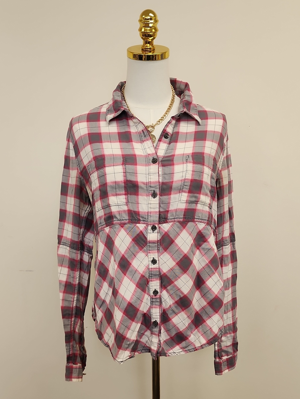 We The Free Pink Gray Plaid Button Down Shirt Size Small